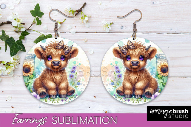 Highland Cow Earrings - Baby Cow Round Earring Sublimation Sublimation OrangeBrushStudio 