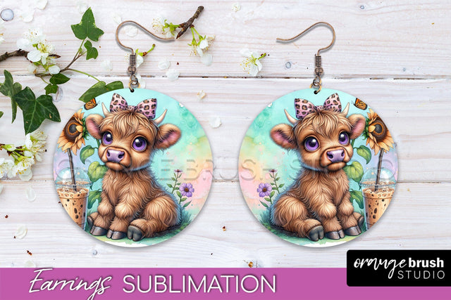Highland Cow Earrings - Baby Cow Round Earring Sublimation Sublimation OrangeBrushStudio 