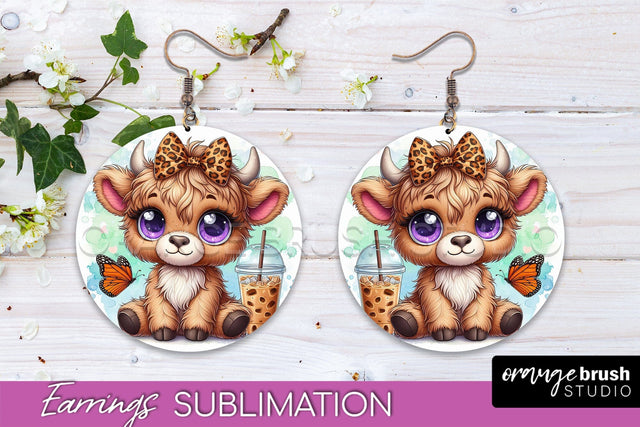 Highland Cow Earrings - Baby Cow Round Earring Sublimation Sublimation OrangeBrushStudio 