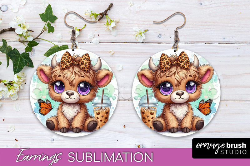 Highland Cow Earrings - Baby Cow Round Earring Sublimation Sublimation OrangeBrushStudio 
