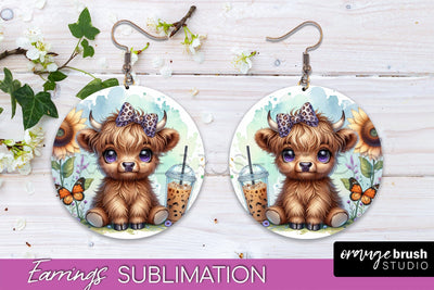 Highland Cow Earrings - Baby Cow Round Earring Sublimation Sublimation OrangeBrushStudio 
