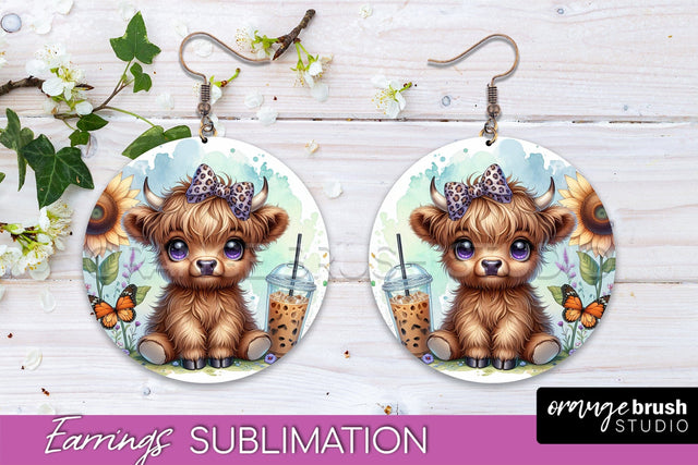 Highland Cow Earrings - Baby Cow Round Earring Sublimation Sublimation OrangeBrushStudio 