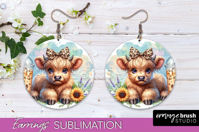 Highland Cow Earrings - Baby Cow Round Earring Sublimation Sublimation OrangeBrushStudio 