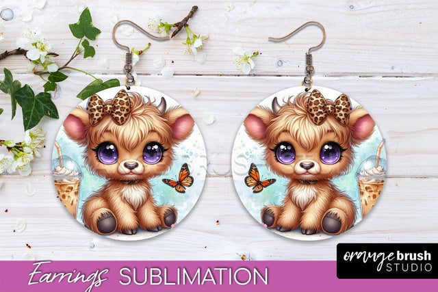 Highland Cow Earrings - Baby Cow Round Earring Sublimation Sublimation OrangeBrushStudio 