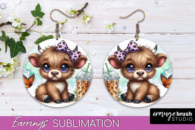 Highland Cow Earrings - Baby Cow Round Earring Sublimation Sublimation OrangeBrushStudio 