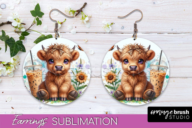 Highland Cow Earrings - Baby Cow Round Earring Sublimation Sublimation OrangeBrushStudio 