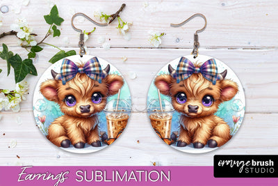 Highland Cow Earrings - Baby Cow Round Earring Sublimation Sublimation OrangeBrushStudio 