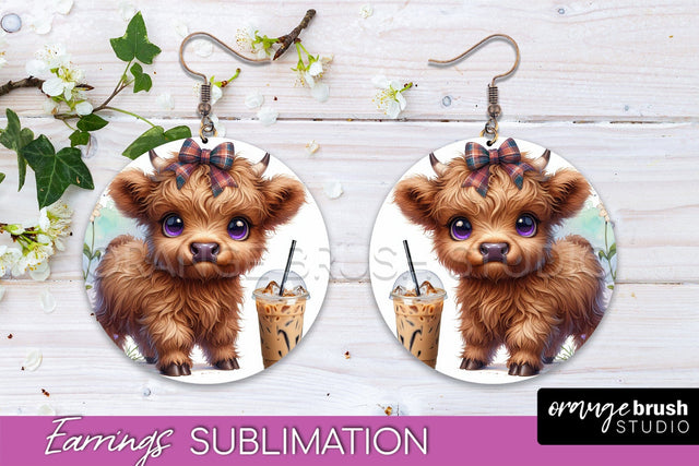 Highland Cow Earrings - Baby Cow Round Earring Sublimation Sublimation OrangeBrushStudio 