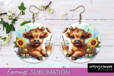 Highland Cow Earrings - Baby Cow Round Earring Sublimation Sublimation OrangeBrushStudio 