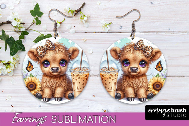 Highland Cow Earrings - Baby Cow Round Earring Sublimation Sublimation OrangeBrushStudio 