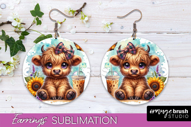 Highland Cow Earrings - Baby Cow Round Earring Sublimation Sublimation OrangeBrushStudio 