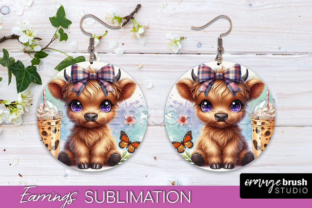 Highland Cow Earrings - Baby Cow Round Earring Sublimation Sublimation OrangeBrushStudio 