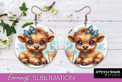 Highland Cow Earrings - Baby Cow Round Earring Sublimation Sublimation OrangeBrushStudio 