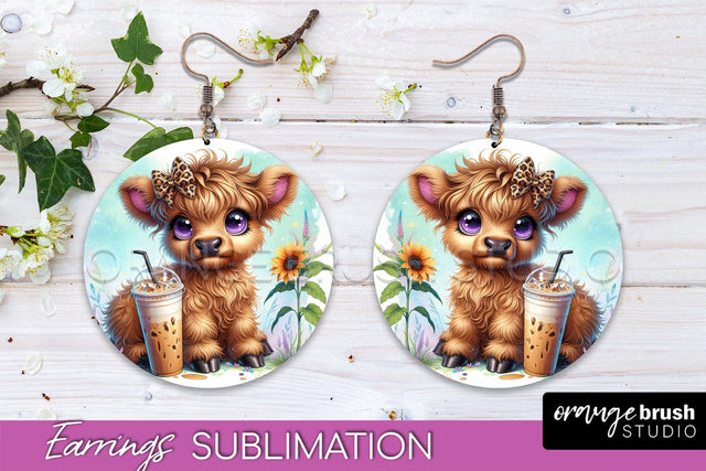 Highland Cow Earrings - Baby Cow Round Earring Sublimation Sublimation OrangeBrushStudio 