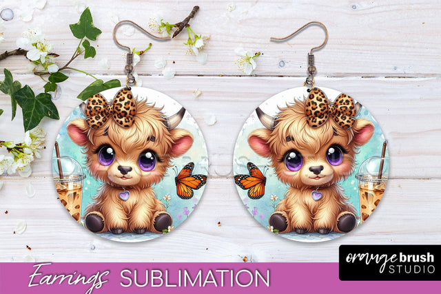 Highland Cow Earrings - Baby Cow Round Earring Sublimation Sublimation OrangeBrushStudio 