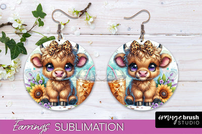 Highland Cow Earrings - Baby Cow Round Earring Sublimation Sublimation OrangeBrushStudio 