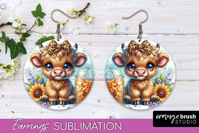 Highland Cow Earrings - Baby Cow Round Earring Sublimation Sublimation OrangeBrushStudio 