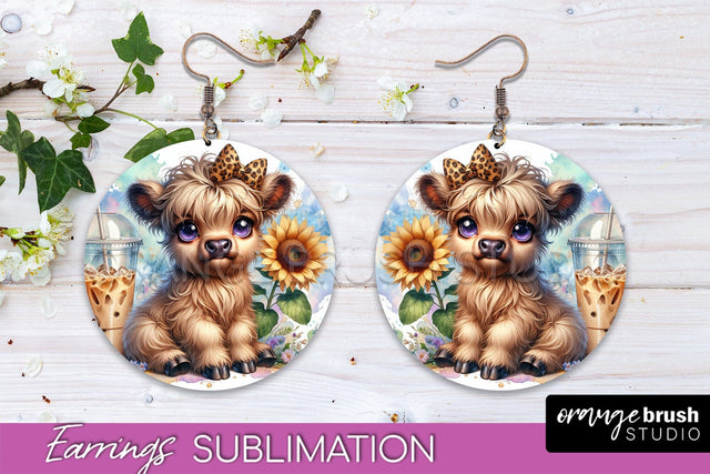 Highland Cow Earrings - Baby Cow Round Earring Sublimation Sublimation OrangeBrushStudio 