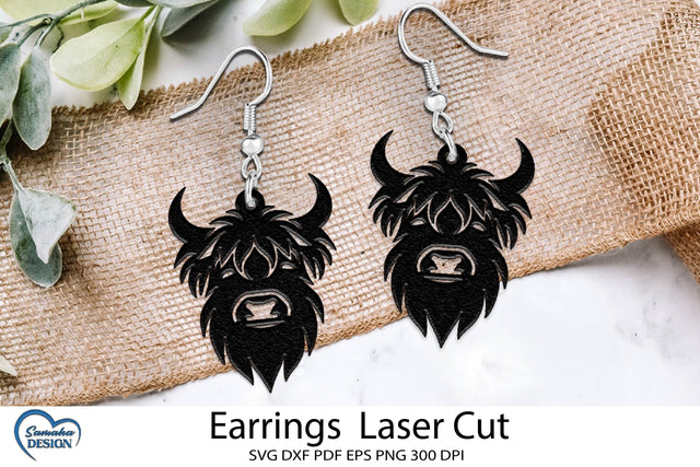 Highland Cow Earrings Laser Cut. Laser Cut earrings SVG. SVG Samaha Design 
