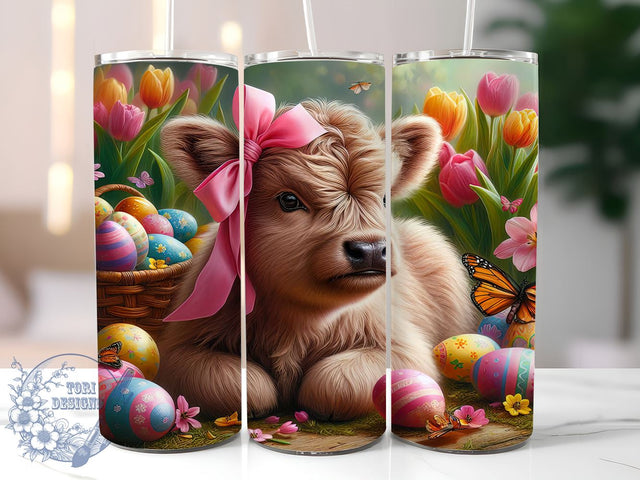 Highland Cow Easter 20oz Skinny Tumbler PNG, Cute Easter Tumbler Sublimation Wrap, Straight & Tapered Tumbler Wrap, Instant Digital Download Sublimation ToriDesigns 