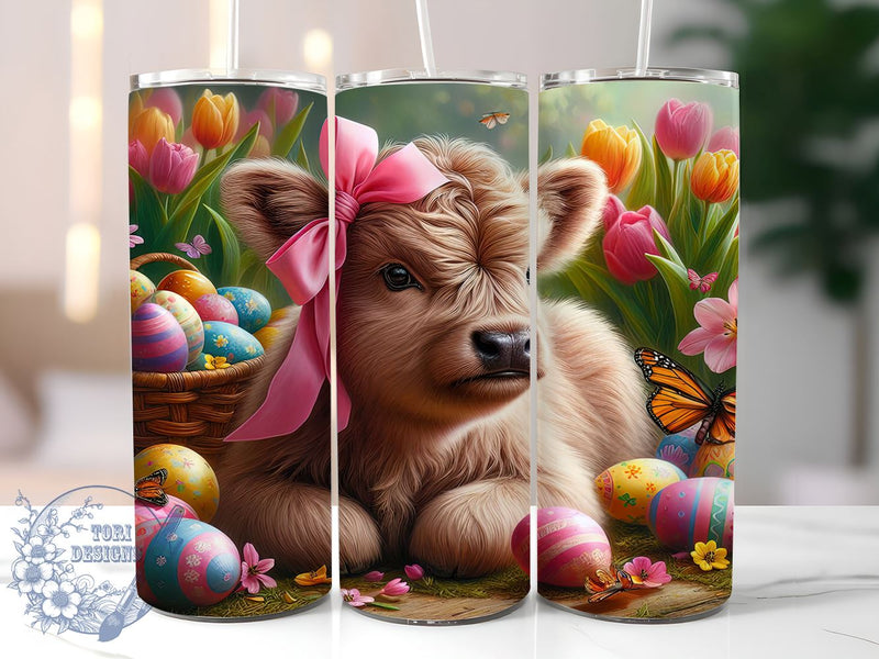 Highland Cow Easter 20oz Skinny Tumbler PNG, Cute Easter Tumbler Sublimation Wrap, Straight & Tapered Tumbler Wrap, Instant Digital Download Sublimation ToriDesigns 