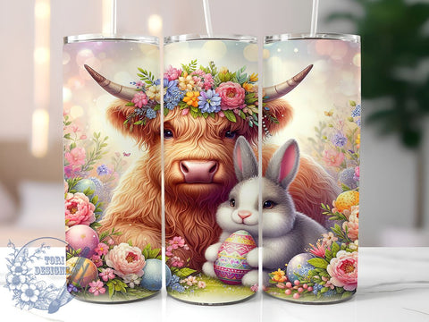Highland Cow, Easter Bunny, 20oz Tumbler, Sublimation Design, Easter Gift, Farm Animal Decor, Spring Drinkware Sublimation ToriDesigns 
