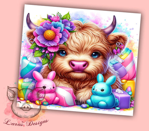 Highland Cow Easter Tumbler Wrap, Bunny Cow Design, 20oz Sublimation Wrap, Cute Easter Art, Digital Download Tumbler, Spring Drinkware, Easter Gift Idea, Whimsical Tumbler Sublimation Lara' s Designs 