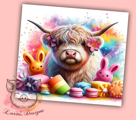 Highland Cow Easter Tumbler Wrap, Bunny Cow Design, 20oz Sublimation Wrap, Cute Easter Art, Digital Download Tumbler, Spring Drinkware, Easter Gift Idea, Whimsical Tumbler Sublimation Lara' s Designs 