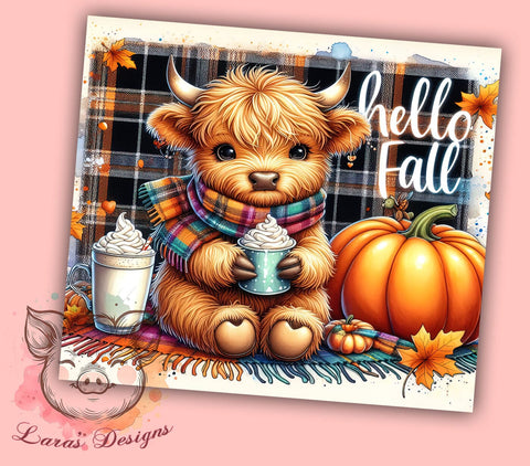 Highland Cow Fall 20 oz Skinny Tumbler Sublimation Design, Straight & Tapered Tumbler Png, Hello Fall Tumbler Png, Digital Download PNG Sublimation Lara' s Designs 