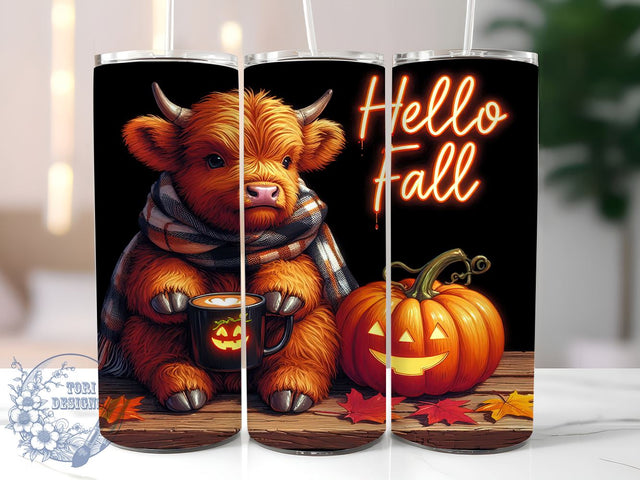Highland Cow Fall 20oz Skinny Tumbler, Hello Fall Tumbler Png, Straight & Tapered Tumbler Wrap, Instant Digital Download Sublimation ToriDesigns 