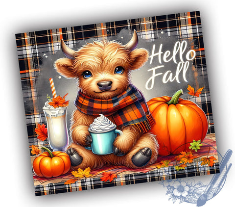 Highland Cow Fall 20oz Skinny Tumbler PNG, Hello Fall Tumbler Sublimation Wrap, Straight & Tapered Tumbler Wrap, Instant Digital Download Sublimation ToriDesigns 