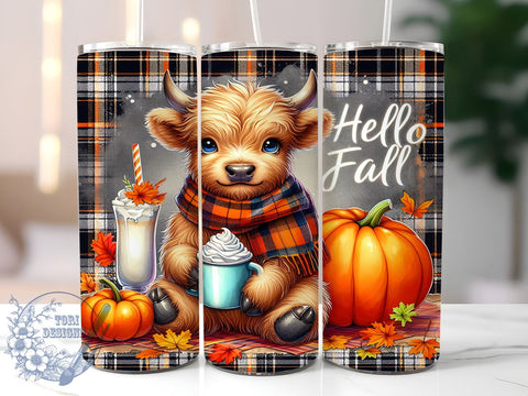 Highland Cow Fall 20oz Skinny Tumbler PNG, Hello Fall Tumbler Sublimation Wrap, Straight & Tapered Tumbler Wrap, Instant Digital Download Sublimation ToriDesigns 
