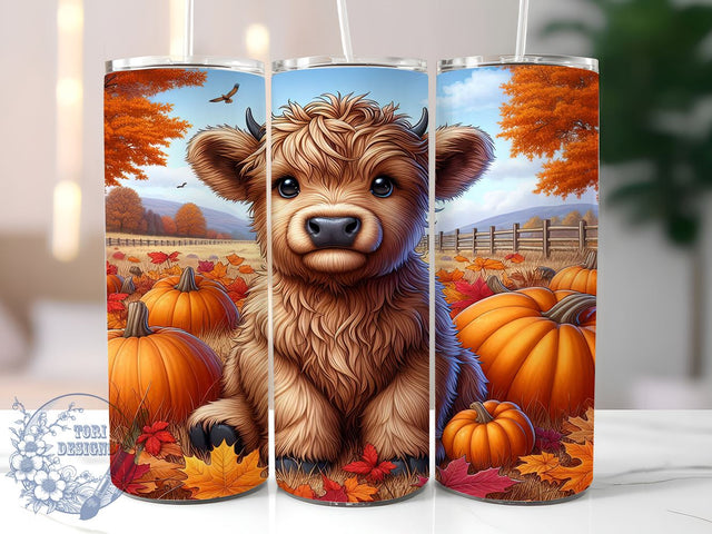 Highland Cow Fall 20oz Skinny Tumbler PNG, Thanksgiving Cow Lover Tumbler Sublimation Wrap, Straight & Tapered Tumbler Wrap, Instant Digital Download Sublimation ToriDesigns 