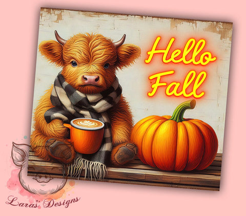 Highland Cow Fall 20oz Tumbler Png, Straight & Tapered Tumbler Png, Hello Fall Tumbler Png, Digital Download PNG Sublimation Lara' s Designs 