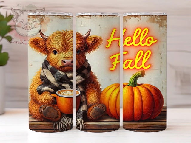Highland Cow Fall 20oz Tumbler Png, Straight & Tapered Tumbler Png, Hello Fall Tumbler Png, Digital Download PNG Sublimation Lara' s Designs 