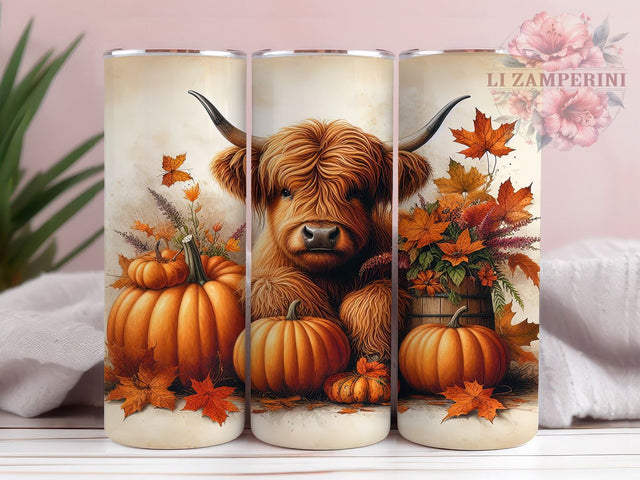 Highland Cow Fall 20oz Tumbler Wrap PNG, Fall Pumpkins Tumbler Png, Straight & Tapered Tumbler Wrap, Instant Digital Download Sublimation Li Zamperini 