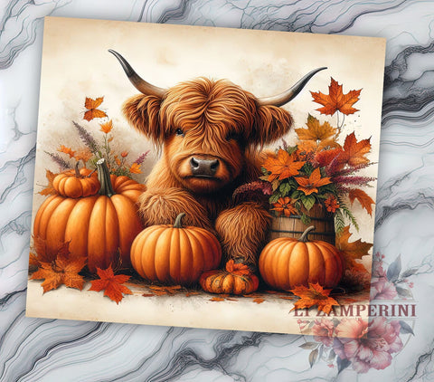 Highland Cow Fall 20oz Tumbler Wrap PNG, Fall Pumpkins Tumbler Png, Straight & Tapered Tumbler Wrap, Instant Digital Download Sublimation Li Zamperini 