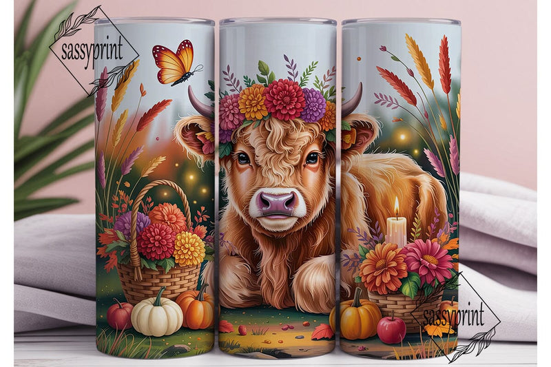 Highland Cow Fall Floral Tumbler Wrap Sublimation sassyprint 