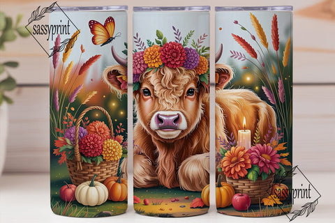 Highland Cow Fall Floral Tumbler Wrap Sublimation sassyprint 