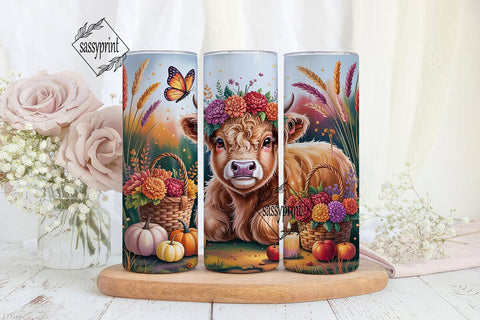 Highland Cow Fall Floral Tumbler Wrap Sublimation sassyprint 