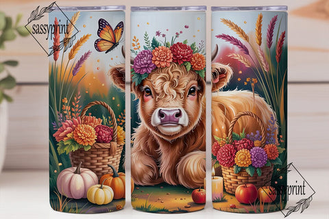 Highland Cow Fall Floral Tumbler Wrap Sublimation sassyprint 