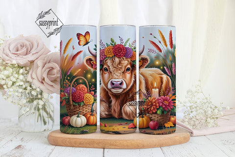 Highland Cow Fall Floral Tumbler Wrap Sublimation sassyprint 