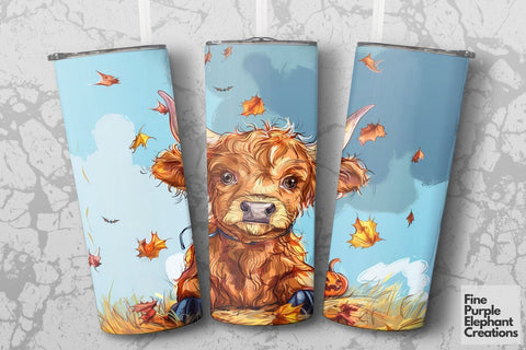 Highland Cow Fall Maple Leaves Sublimation Tumbler Wrap Sublimation Fine Purple Elephant Creations 