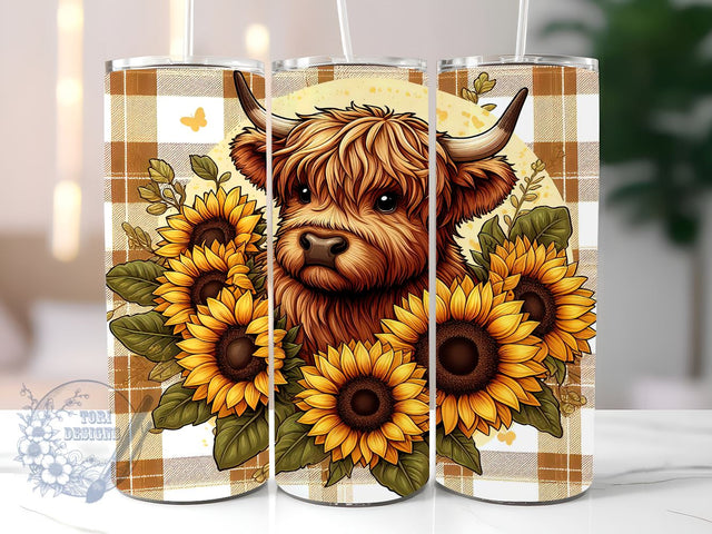 Highland Cow Fall Sunflowers 20 oz Skinny Tumbler, Highland Cow Tumbler Png, Straight & Tapered Tumbler Wrap, Instant Digital Download Sublimation ToriDesigns 