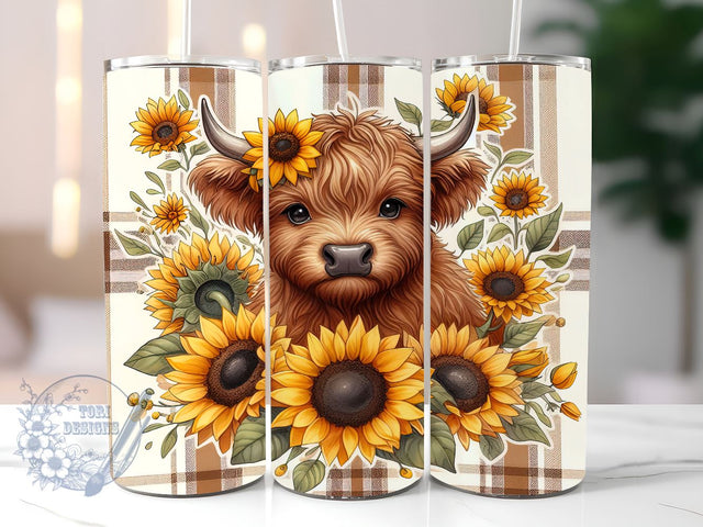 Highland Cow Fall Sunflowers 20 oz Skinny Tumbler, Highland Cow Tumbler Png, Straight & Tapered Tumbler Wrap, Instant Digital Download Sublimation ToriDesigns 