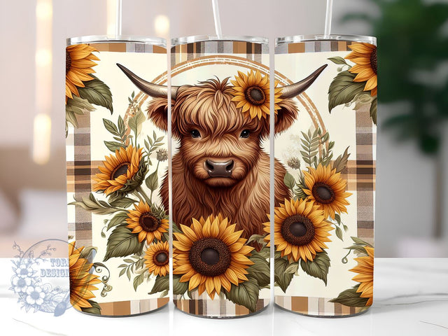 Highland Cow Fall Sunflowers 20 oz Skinny Tumbler, Highland Cow Tumbler Png, Straight & Tapered Tumbler Wrap, Instant Digital Download Sublimation ToriDesigns 