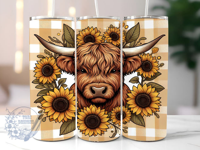 Highland Cow Fall Sunflowers 20 oz Skinny Tumbler, Highland Cow Tumbler Png, Straight & Tapered Tumbler Wrap, Instant Digital Download Sublimation ToriDesigns 