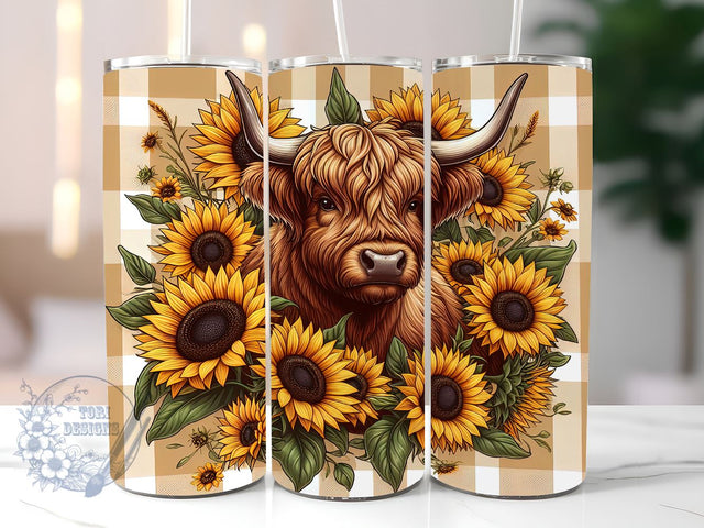 Highland Cow Fall Sunflowers 20 oz Skinny Tumbler, Highland Cow Tumbler Png, Straight & Tapered Tumbler Wrap, Instant Digital Download Sublimation ToriDesigns 