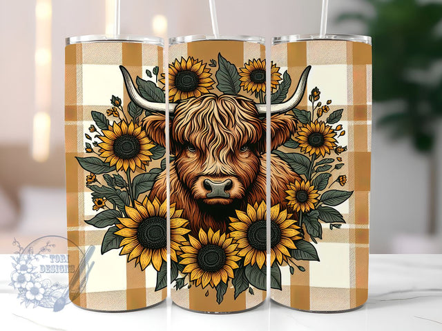 Highland Cow Fall Sunflowers 20 oz Skinny Tumbler, Highland Cow Tumbler Png, Straight & Tapered Tumbler Wrap, Instant Digital Download Sublimation ToriDesigns 