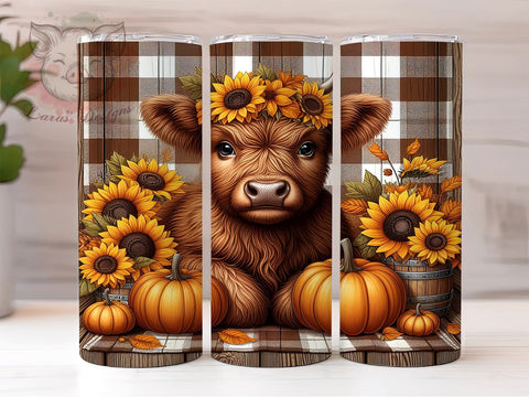 Highland Cow Fall Sunflowers and Pumpkins 20 oz Skinny Tumbler Sublimation Design, Straight & Tapered Tumbler Png, Highland Cow Fall Tumbler Png, Digital Download PNG Sublimation Lara' s Designs 